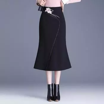Юбка-рыбий хвост юбка женская летняя черная средняя и длинная юбка весна женская маленькая весенняя и осенняя юбка высокого класса бедра M (recommended weight 90-50kg) чёрный