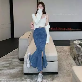 Юбка-рыбий хвост в ковбойском стиле, женская юбка с открытыми бедрами, летняя эластичная узкая юбка-бюстье с высокой талией, женская удобная модная джинсовая юбка-бюстье S синий