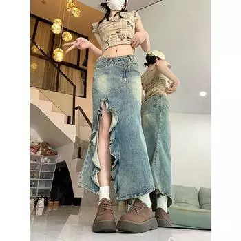 Юбка-рыбка из денима с высокой талией в американском ретро-стиле для женщин — облегающая, облегающая, средней длины, летний стиль L синий