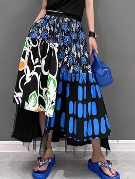 Юбка с эластичной талией и принтом в стиле пэчворк из сетки XITAO GMM1320 One Size чёрный