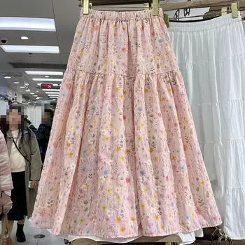 Юбка с цветочной вышивкой и розовым карманом, женская, весна 2025, новая, эластичная талия, универсальная, А-образная юбка one size fits all розовый
