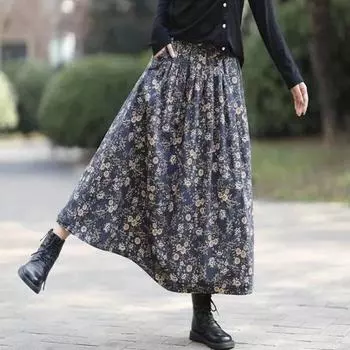 Юбка с цветочным принтом больших размеров, женская весенне-летняя юбка А-силуэта в стиле ретро, юбка средней длины с высокой талией XXXXXL синий
