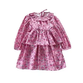 Юбка с цветочным принтом для девочек, детская корейская юбка для торта, милое милое платье с длинными рукавами 90