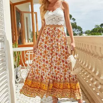 Юбка с цветочным принтом для женщин, эластичная длинная юбка с высокой талией и разрезом, Повседневная модная свободная юбка, летняя дышащая легкая юбка для пляжного отдыха