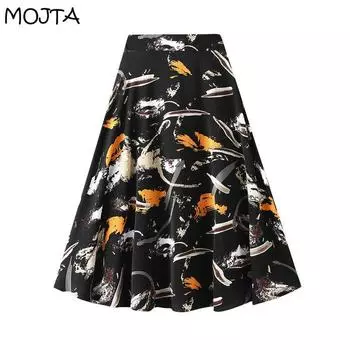 Юбка с цветочным принтом в стиле граффити, женская летняя новая шифоновая юбка с высокой талией и принтом, юбка-зонтик трапециевидной формы средней длины one size чёрный