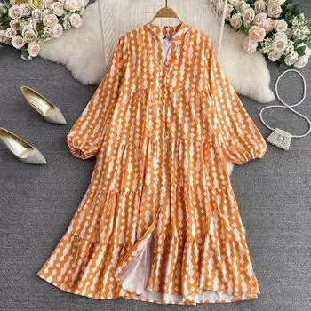 Юбка с цветочным принтом во французском стиле ретро, нежный ветер, V-образный вырез, талия с длинными рукавами, утягивающее однобортное платье трапециевидной формы с принтом