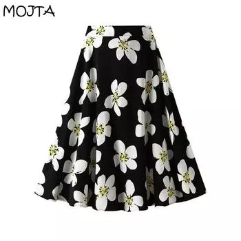 Юбка с цветочным принтом, женская летняя новая стильная эластичная талия, драпировка, тонкая юбка трапециевидной формы средней длины