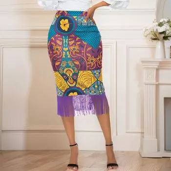 Юбка с цветочным принтом, женские летние винтажные элегантные юбки с высокой талией и кисточками в африканском стиле, модные юбки Jupe S разноцветный