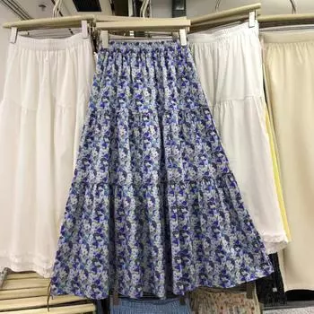 Юбка с цветочным рисунком маслом средней и длинной длины, с завышенной талией, тонкая, длинная, женская, весна и лето 2025 года, новинка one size fits all синий