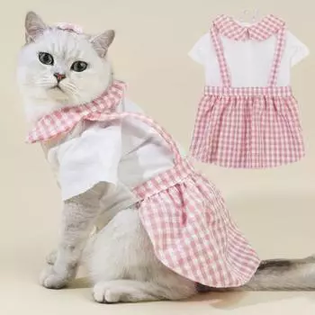 Юбка с изображением кошки, клетчатый узор, кукольный воротник, очаровательный, хорошая пластичность, удобный наряд, можно стирать для домашних животных XS розовый