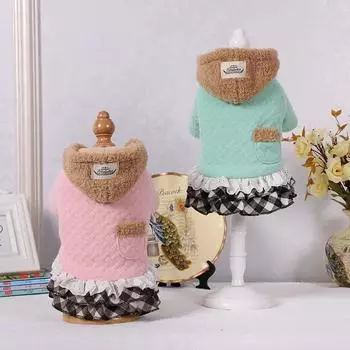 Юбка с капюшоном в клетку для домашних животных, лоскутное пальто, платье, теплое пальто для собак, одежда для щенков на осень и зиму, одежда для собак маленьких собак, щенок S