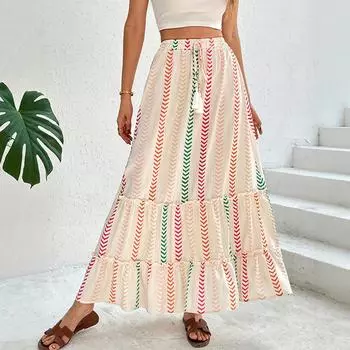 Юбка с контрастным цветным принтом, эластичная юбка в стиле пэчворк в стиле бохо L хаки