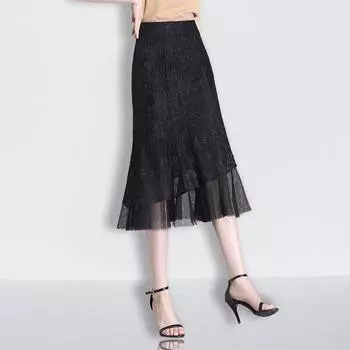 Юбка с кружевом и юбкой-рыбьим хвостом женская летняя черная юбка средней и длинной длины весенняя женская маленькая юбка на весну и осень высокая юбка на бедрах M