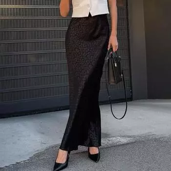 Юбка с леопардовым принтом, юбка с высокой талией, сексуальная, облегающая бедра, длиной до щиколотки, юбка-полусолнце M чёрный