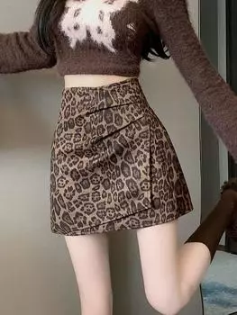 Юбка с леопардовым принтом в стиле ретро для женщин, короткая юбка с высокой талией Y2K S