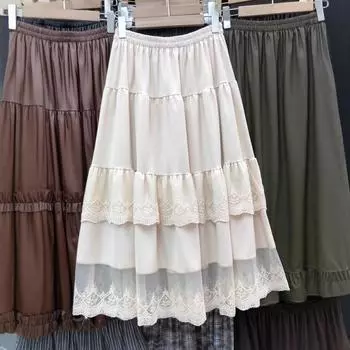 Юбка с милым кружевом, женская осенняя, с высокой талией, драпированная, свободная, плиссированная, А-образная, юбка-зонтик one size fits all абрикосовый