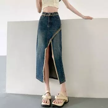 Юбка с неровным разрезом, средней длины, прямая, с одним шагом, юбка на бедрах, повседневная, с необработанным краем, с высокой талией, ковбойская женская мода, джинсовая юбка-бюстье S черный серый