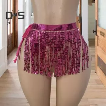 Юбка с пайетками и кисточками, блестящая мини-юбка для танца живота, бахрома, шарф на бедра для рейв-фестиваля, клубная одежда, костюм для выступлений на вечеринке чёрный