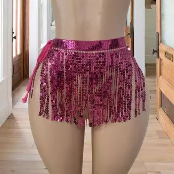 Юбка с пайетками и кисточками, блестящая мини-юбка для танца живота, бахрома, шарф на бедра для рейв-фестиваля, клубная одежда, костюм для выступлений на вечеринке фиолетовый