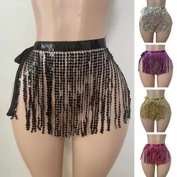 Юбка с пайетками и кисточками, блестящая мини-юбка для танца живота, бахрома, шарф на бедра для рейв-фестиваля, клубная одежда, костюм для выступлений на вечеринке серебряный