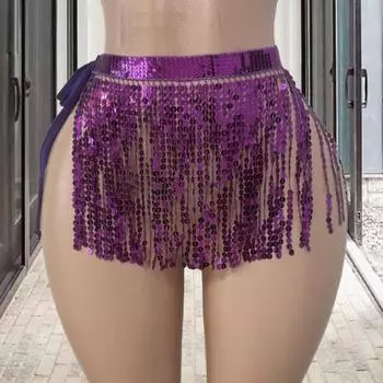 Юбка с пайетками и кисточками, блестящая мини-юбка для танца живота, бахрома, шарф на бедра для рейв-фестиваля, клубная одежда, костюм для выступлений на вечеринке фиолетовый