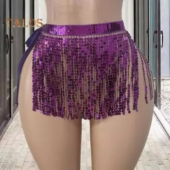 Юбка с пайетками и кисточками, блестящая мини-юбка для танца живота, бахрома, шарф на бедра для рейв-фестиваля, клубная одежда, костюм для выступлений на вечеринке фиолетовый