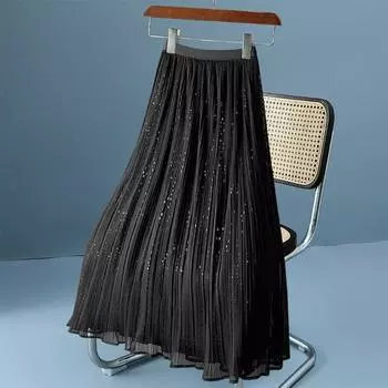 Юбка с пайетками женская весна-лето 2025 новая высокая талия средняя и длинная тонкая юбка А-образной формы большая юбка-шарф из газа average size чёрный