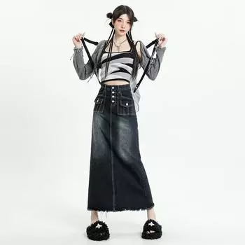 Юбка с потертостями в стиле ретро для женщин, весна 2023, свободная и утягивающая джинсовая юбка средней длины с высокой талией XL