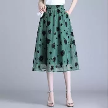 Юбка с принтом женская летняя плиссированная юбка-маятник сетка длинная весенняя женская маленькая юбка с цветочным принтом M