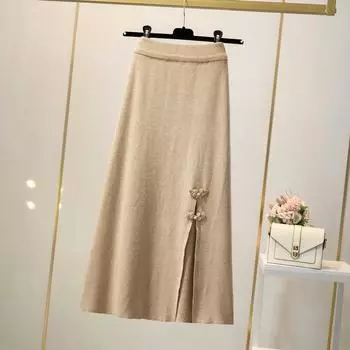 Юбка с разрезом на пряжке для женщин, осенняя, с высокой талией, А-силуэта, трикотажная, облегающая бедра юбка one size белый