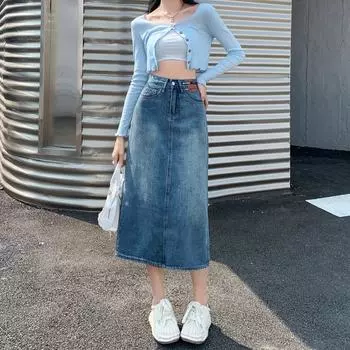 Юбка с разрезом сзади и полуюбкой, юбка-трапеция с высокой талией, средней длины, обтянутая плотью, прямая, ковбойская, женская, удобная, модная, джинсовая юбка-бюстье S джинсовый