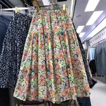 Юбка с рисунком в виде пасторальных роз, литературный цветочный принт, юбка средней и длинной длины, эластичная юбка с высокой талией, сращивание, большой маятниковый зонт one size fits all синий