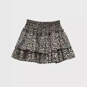 Юбка с высокой талией и оборками с леопардовым принтом - Лето 2024 г. Женская плиссированная короткая юбка с эластичной талией S чёрный