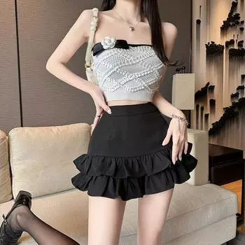 Юбка с высокой талией и утягивающим силуэтом «рыбий хвост» для женщин, летняя, черная, белая, с оборками, А-силуэт, короткая юбка S белый