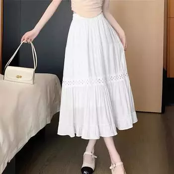 Юбка с завышенной талией, женская летняя плиссированная однотонная длинная юбка с драпировкой, юбка в пол, детское весенне-осеннее пальто высокого класса One size (recommended weight 80-75 kg) чёрный