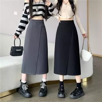 Юбка серого цвета для женщин. Осень. Новая юбка средней длины с высокой талией и трапециевидным силуэтом. Юбка выше колен, которая делает их стройнее. Юбка средней длины. S