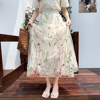 Юбка-сетка Design sense с вышивкой из маленьких цветов, женская, лето 2025, новая, высокая талия и тонкая, темпераментная юбка-слово, длинная юбка one size fits all розовый