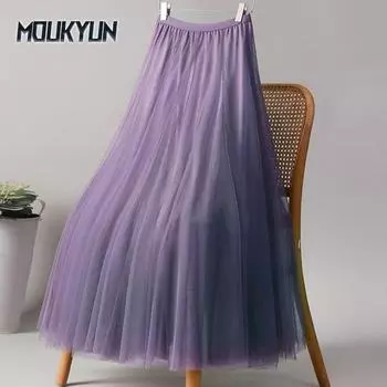 Юбка-сетка для женщин, эластичная, высокая талия, однотонная, длинная юбка, элегантная, юбка-фонарик, летняя, дышащая, удобная, легкая, балетная макси-юбка One Size