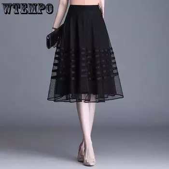Юбка-сетка для женщин, лето, черная юбка-плиссе А-силуэта, высокая талия, юбка-зонтик средней длины M чёрный