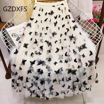 Юбка-сетка с флоком бабочек Юбка-юбка Юбка-юбка Осенне-зимняя плиссированная юбка Юбка-трапеция средней длины 0nes ize чёрный