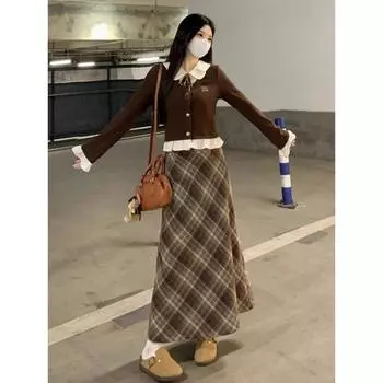 Юбка шерстяная клетчатая женская, маленькая, осенне-зимняя, майяр средней и длинной длины, тонкая юбка-зонтик, ретро-юбка А-образной формы с высокой талией S