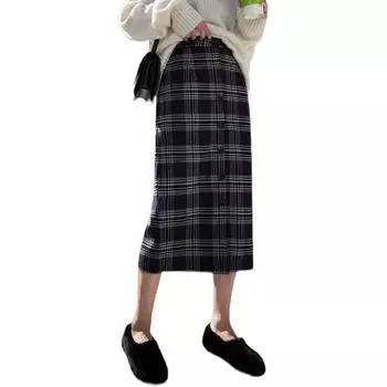 Юбка шерстяная в клетку в стиле ретро, женская, осень-зима, корейская версия, тонкая, средней длины и длинная, одношаговая юбка S