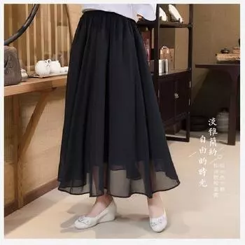Юбка шифоновая полуоблегающая большого размера 120 кг женская летняя пышная юбка с высокой талией корейская версия повседневная юбка с подвеской в виде буквы А и большой качелей M 80-52.5 kg чёрный