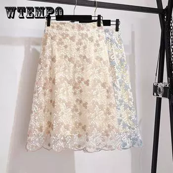 Юбка со свежей цветочной вышивкой, кружевная юбка, юбка-миди, облегающая юбка трапециевидной формы XXXL светло-синий