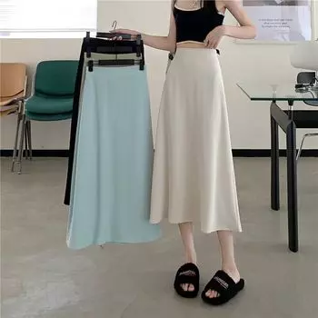 Юбка средней длины А-силуэта для женщин на лето, свободный крой, высокая талия, утягивающая и свисающая, черная юбка до колена S чёрный