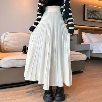 Юбка средней длины для женщин, которые выглядят стройнее осенью и зимой, высокая талия, плиссированные, средней длины, свободная французская длинная юбка One Size белый
