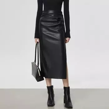 Юбка средней длины из искусственной кожи с разрезом для женщин, осень-зима, облегающая бедра, юбка А-силуэта с высокой талией, винтажная одежда 2000 года XS чёрный