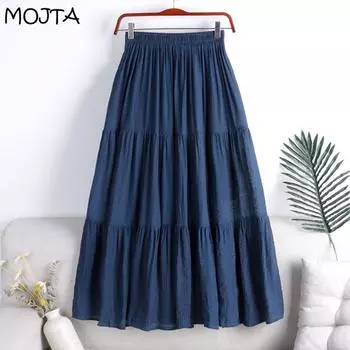 Юбка средней длины MOJTA, весенне-летняя женская эластичная юбка с высокой талией, юбка трапециевидной формы One Size синий