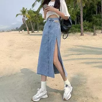 Юбка средней длины, облегающая, женская, летняя, с высокой талией, с боковым разрезом, вилка, ковбойский пакет, бедра, тонкая, удобная, модная, джинсовая юбка-бюстье S светло-синий