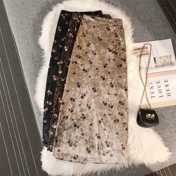 Юбка средней длины. Осенне-зимняя женская юбка. Женская длинная юбка из золотого бархата в стиле ретро с принтом. L чёрный